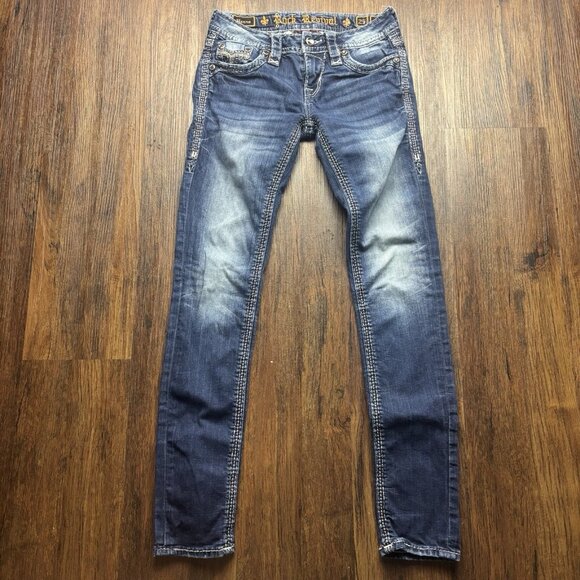 Rock Revival Henna Skinny Jeans Rhinestones Distressed Dark Wash Women’s Size 25 - Picture 1 of 12